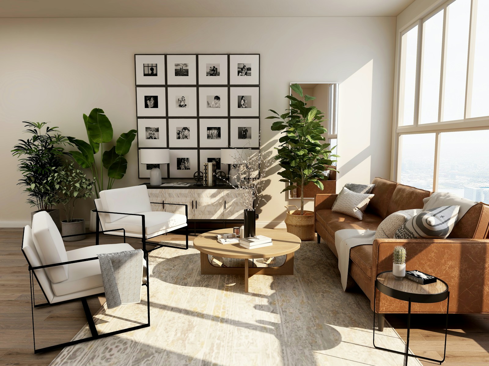 A bright living room with a comfortable sofa and warm natural materials